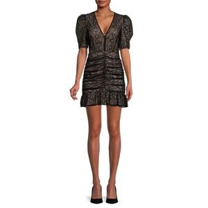 Saylor Reena Black Lace Plunge V-Neck Puff Sleeve Ruched Mini Dress Size Small